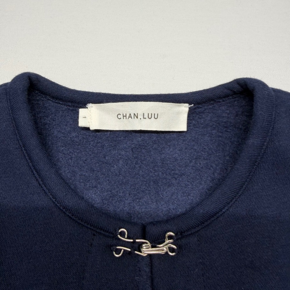 Chan Luu Pinch Waist Cardigan 1 Navy Cotton Fleece Hook Eye Balloon Sleeve - Picture 3 of 12